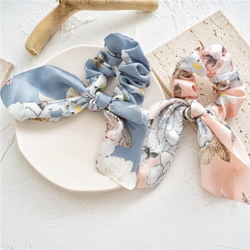 New Rabbit Ear Tie Lady Satin Scrunchies Ponytail Hair Circle Candy Color Printing Elastic Hair Ring for Women Hair Accessories
