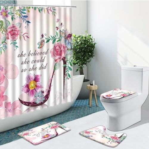 Pink High-Heel Flower Shower Curtain Bathroom Set Green Leaves Lotus Anti-Skid Rugs Toilet Lid Cover Carpet Bath Mat Home Decor