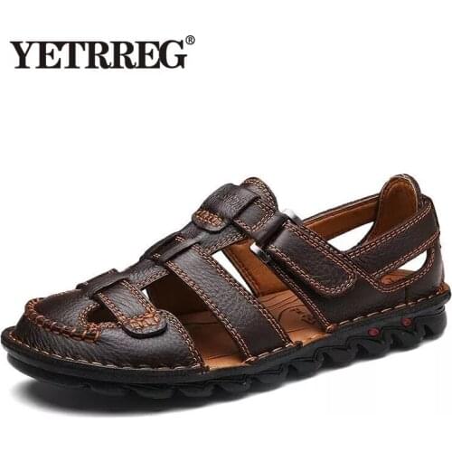 VANCAT Comfortable Handmade Men Sandals Genuine Leather Soft Summer Mens Shoes Retro Sewing Casual Beach Shoes Big Size 38-46