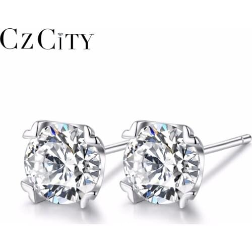 CZCITY Romantic 925 Stud Earrings for Women Single 1ct Round Clear Cubic Zirconia Sterling Silver Jewelry
