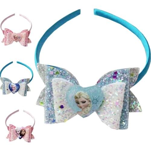 Random 1 Pc Frozen 2 Childrens Hair Band PU Shiny Bow Head Jewelry Cartoon Disney Anime Figure Model Girls Birthday Gifts