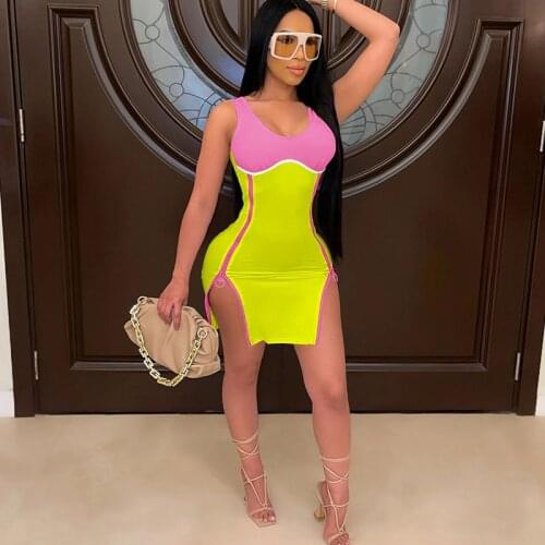 Sexy Patchwork Bodycon Mini Dresses for Women Elegant Side Zipper Slit Sleeveless Club Summer Dress Vacation Night Party Dress