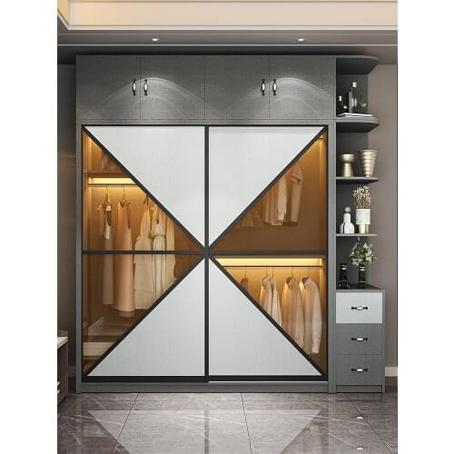 Glass sliding door wardrobe modern minimalist home bedroom large cabinet move door coatcase
