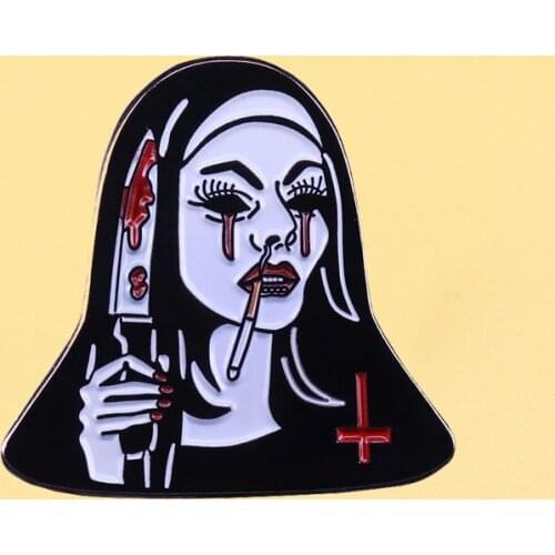 Scary Smoking Nun Horror Enamel Pin Knife Metal Cartoon Brooch Men Women Fashion Jewelry Gift Anime Movie Novel Hat Lapel Badges