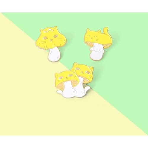 Yellow Mushroom Hedgehogs Enamel Pins Cat Shape Brooches Badge Cute Accessories on Backpack Cap Gift for Women Men Jewelry