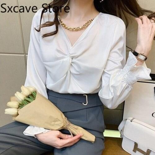 V-Neck Pure Color Shirts Women Casual Long Sleeve Thin Design White Blouse and Tops Office Lady 2021 Autumn Y2k Tshirts Elegant