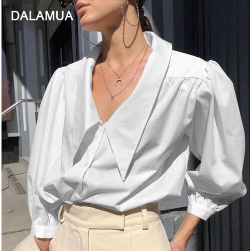 Office Lady Shirt Puff Sleeve 2021 Spring Solid White V-Neck Turn Down Collar Women Top Fashion Outfits Summer New Female Blouse