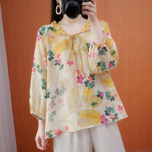 Oversized Women Cotton Linen Casual T-shirts New Arrival 2021 Summer Vintage Style Floral Print Loose Female Tops Tees S4051