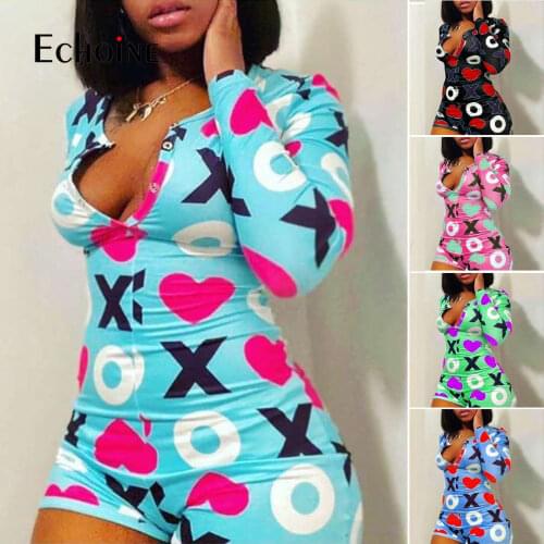 Echoine Women Sexy V Neck adult Onesies Jumpsuit Sleepwear Christmas letter Print full Sleeve Shorts Bodycon Bodysuit plus size