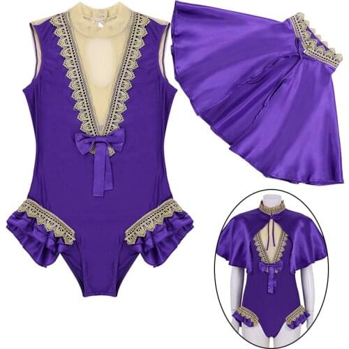 Women Adults Circus Trapeze Artist Cosplay Costume Halloween Party Role Play Outfit Shiny Satin Cape Top with Leotard Body