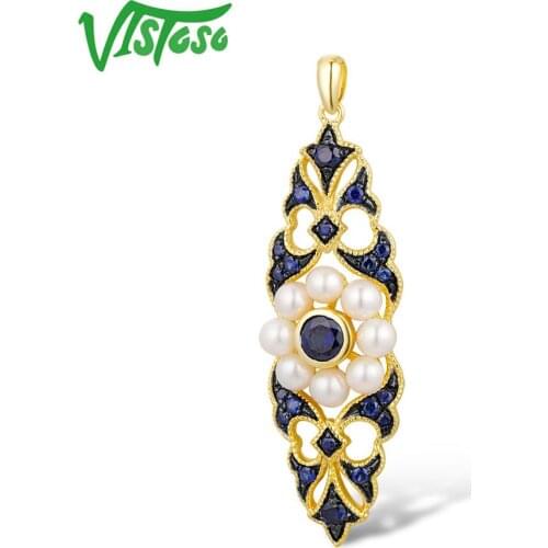 VISTOSO Gold Pendants For Women Genuine 14K 585 Yellow Gold Pendant Fresh Water Pearl Sapphire Unique Elegant Gift Fine Jewelry