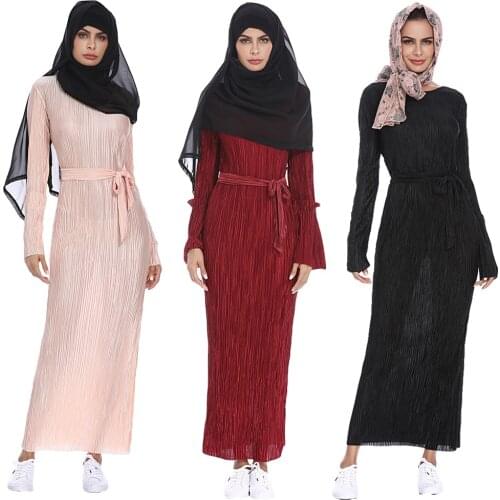 Muslim Women Casual Abaya Long Sleeve Maxi Robe Long Dress Solid Color With Belt Elastic Arab Jilbab Gown Slim Party Evening New
