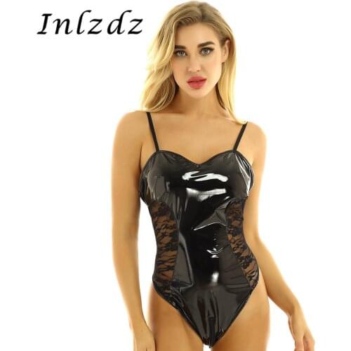 Womens Sexy Lingerie Latex Bodysuit Wetlook Leather Erotic Sexual Costume Set Zippered Crotch Thong Leotard Bodysuit Nightwear