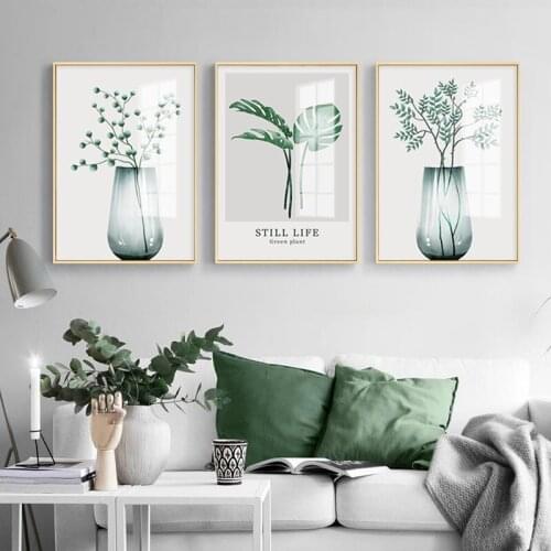 3 Pieces Watercolour Green Leaf Plant Scandinavian Poster Wall Art Canvas Painting Nordic Print Wall Picture for Living Room