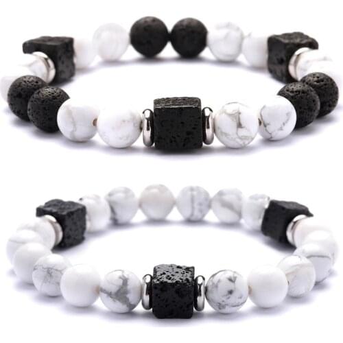 6pcs Stainless steel partition with lava rock square stone black and white fashion couples friendship for Jewelry Making Free