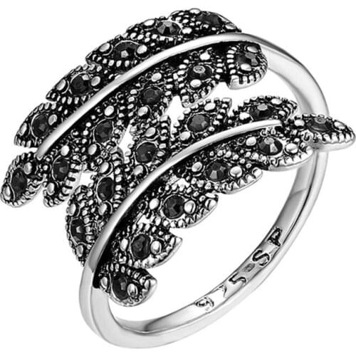 BONISKISS Vintage Unique Silver Color Leaves Ring For Woman Black Zircon Open Leaf Wedding Bands Ring Jewelry