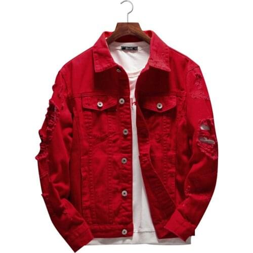 New Korean Jean Jackets Locomotive Red Denim Jacket Male Rivet Personality Trend Couple Holed Slim Denim Coats