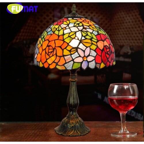 FUMAT European Creative Pastoral Rose Hotel Tiffany Stained Glass Living Room Dining Room Bedroom Bedside Rose Table Lamp