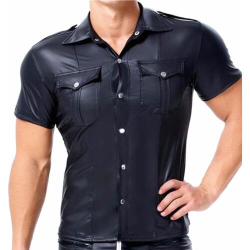 PU Leather Men T shirts Short Sleeve Button Top Tee Plus Size Slim Fittness Party Stage Clubwear Streetwear Male Shirts Outfits