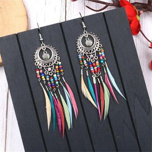 Personality Exaggerated Earrings Tassel Dangle Earrings Hot Bohemian Retro Hollow Oval Colorful Beads Feather for Women Trendy