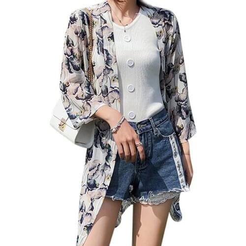 Kimono Cardigan Women Blouse Chiffon Print Sandy Kimono Middle Sleeve Beach Cover up Blouse Tops blusas mujer de moda