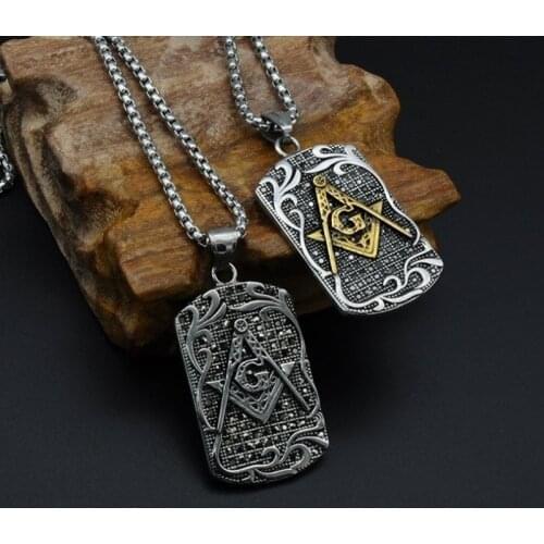 Classic Fashion Mens Metal Rectangle Army Brand Masonic Retro Symbol Charm Pendant Necklace