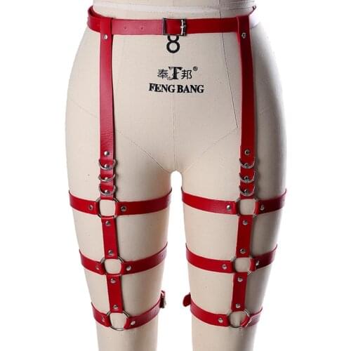 Red Leather Leg Harness Underwear Harajuku Goth Punk Lingerie Sexy Erotic Leather Belt Women Stockings Suspender Body Bondage
