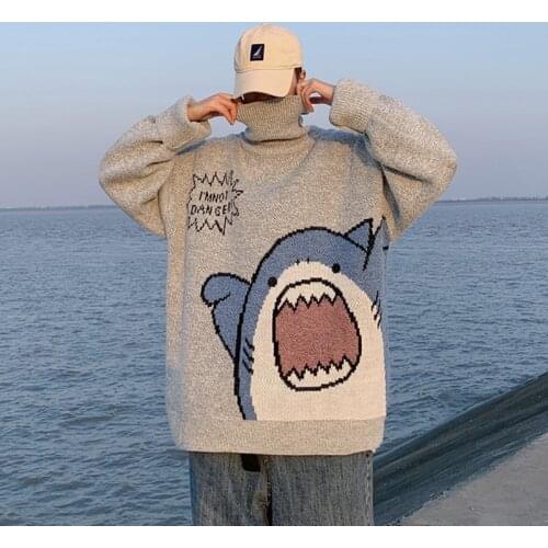 Men Turtlenecks Shark Sweater Men 2021 Korean Style High Neck Oversized Grey Turtleneck For Men