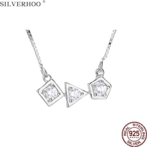 SILVERHOO 925 Sterling Silver Choker Chain Necklace For Women Trendy Shiny CZ Geometry Shape Pendant Necklaces Statement Jewelry