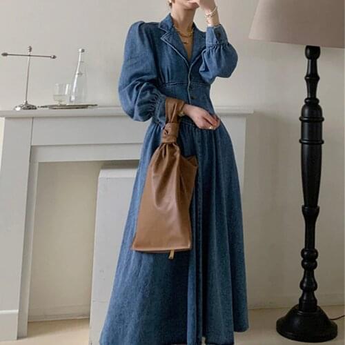 Retro chic all-match single breasted classic basic denim dress elegant fashion termperament all-match long dress early spring