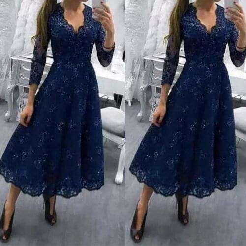 Navy Blue Three Quarter mother of the bride gowns Tea Length A Line Lace mother of bride dresses Formal Dress