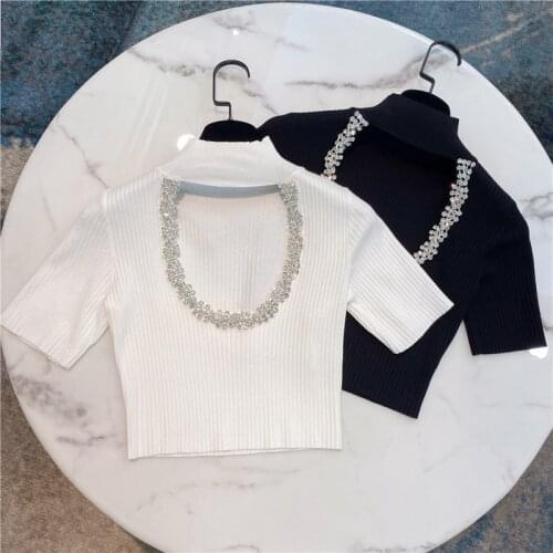 Cropped T-shirt For Women 2020 Summer New Elegant Heavy Industry Crystal Tight Short Knitted T-shirt ladies Top White Black Z117