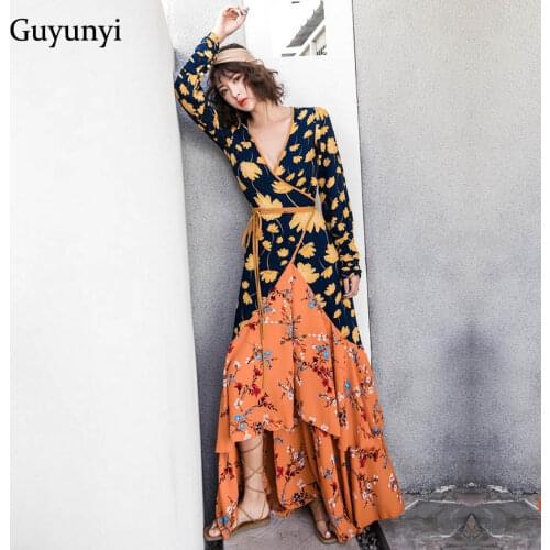 Vintage Floral Full Sleeve V-Neck Spring Dress Leisure Resort Beach Style Splicing Laminated Ruffled Hem Women Dresses