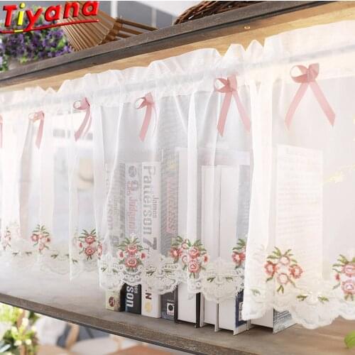 Embroidered Tulle Short Curtain for Kitchen Green/Pink Bow Short Curtain for Small Windows Pastoral Style White Tulle QT038#30