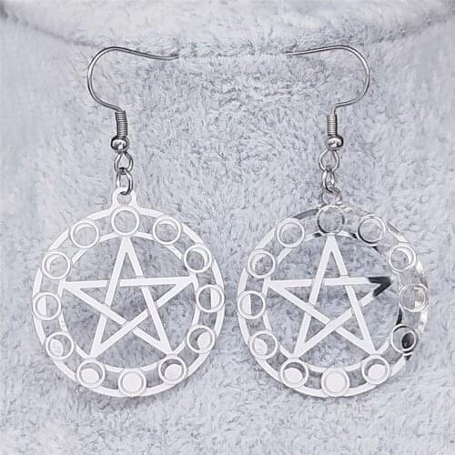 Witchcraft Pentagram Stainless Steel Drop Earrings Women Silver Color Earrings Jewelry pendientes acero inoxidable mujer E1531S2