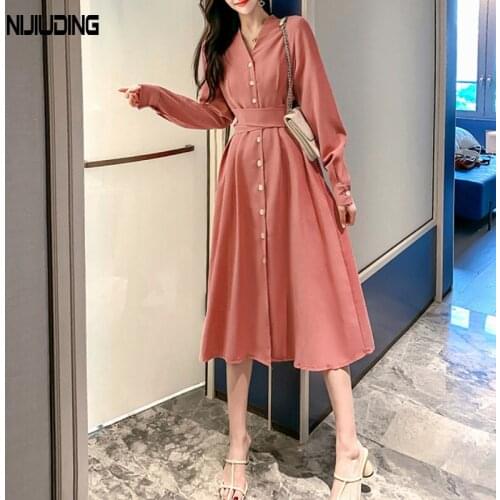 Women Elegant Single-breasted Dress Autumn Winte Long Sleeve V-Neck Dresses Female Drawstring Shirts Dress Mujer Vestidos New