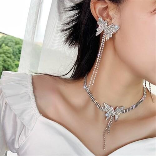 FYUAN Butterfly Crystal Choker Necklaces for Women Long Tassel Rhinestone Necklaces Weddings Jewelry Party Gifts