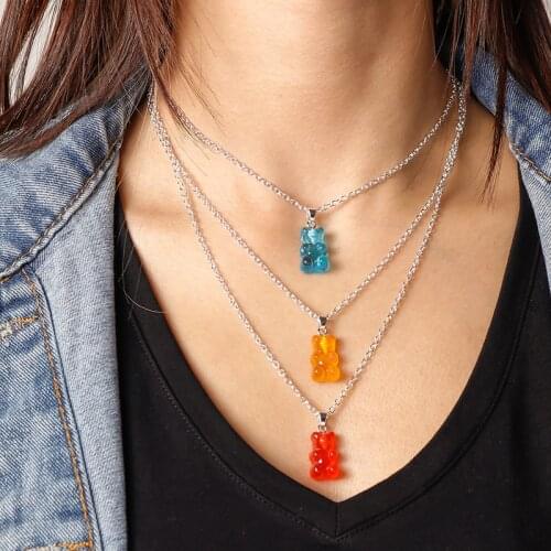 Rainbow Gummy Bear Necklace for Women Girls Hip Hop Charm Pendants With Bear Layered Necklaces Candy Color Neck Chain Female