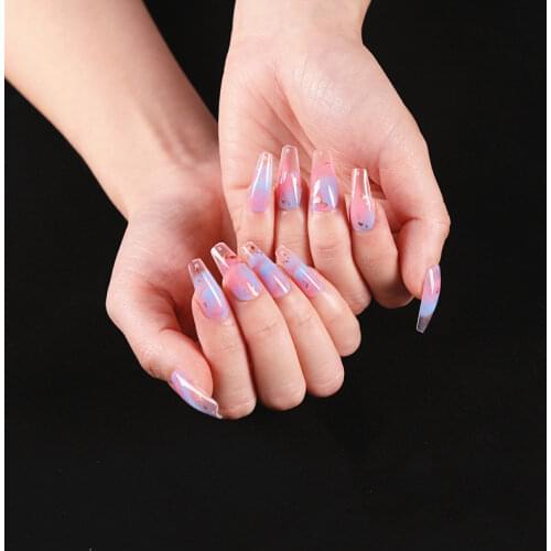 1 Set Fake Nails UV Gel French Extention Extra Long Tips with Glue Nail File Detachable Flat Shape Watercolor Full Cover Finger