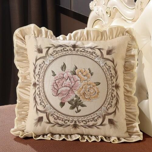 2 Panels Royal Cream Pillow Case with Lace American Style Jacquard Cushion Cover 18x18 for Living Room Hotel Bedroom