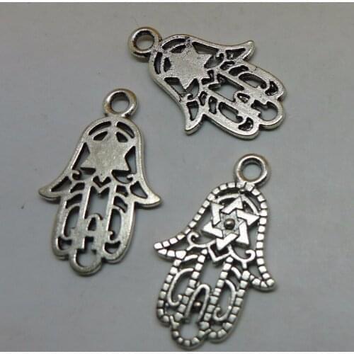 ALYMMO 8Pcs/lot Antique Silver Hollow Fatima Hand Charms 24x15mm Protection Religion Jewelry Hamsa Hand Pendant Hexagramv