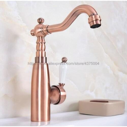 Antique Red Copper Bathroom Sink Basin Faucet Single Ceramic Handle Single Hole Deck Mounted basin tap Nnf631