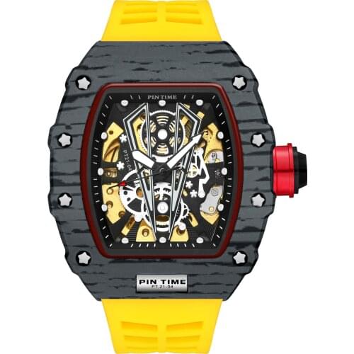 Luxury Mechanical Watch Men Steanpunk Skeleton Self Winding Wristwatch Male Yellow Silicone Strap Clock Cool Hip Hop Reloj