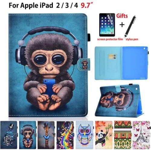 For Apple iPad 2 3 4 Case Cover Funda Tablet Silicone PU Leather For iPad2 iPad3 iPad4 Cartoon monkey Stand Skin Shell +Gift