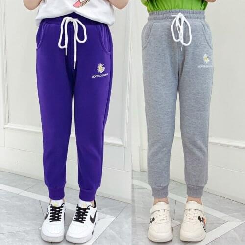 Girls Embroidery Flowers Trousers Kids Casual Pants Sweatpants Jogger Teenager Outwear Sweatpants