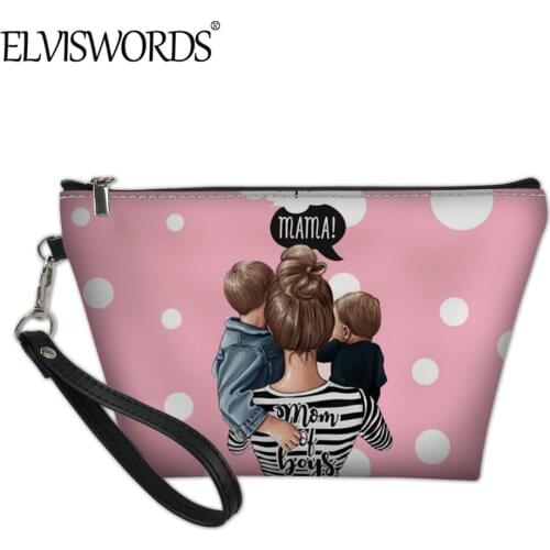 ELVISWORDS Durable PU Leather Cosmetic Bag Women Casual Handbag Cartoon Mom and Baby Print Lady Makeup bag Fashion Pouch Case