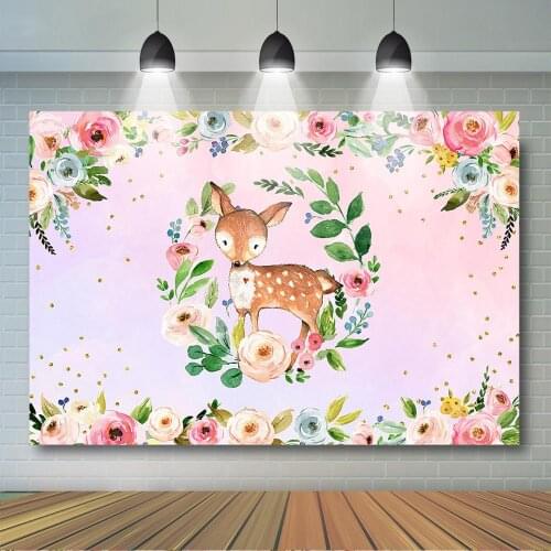 Floral Deer Birthday Backdrop Girly Deer Baby Shower Birthday Party Decor Banner Woodland Watercolor Floral Forest Background
