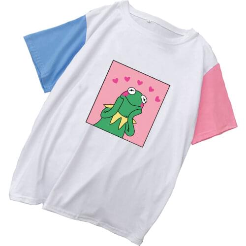 Frog Print T Shirt Summer New Short Sleeve Contrast Color Patchwork Cotton Tops Tees Women Casual Harajuku Kawaii Cartoon Tshirt