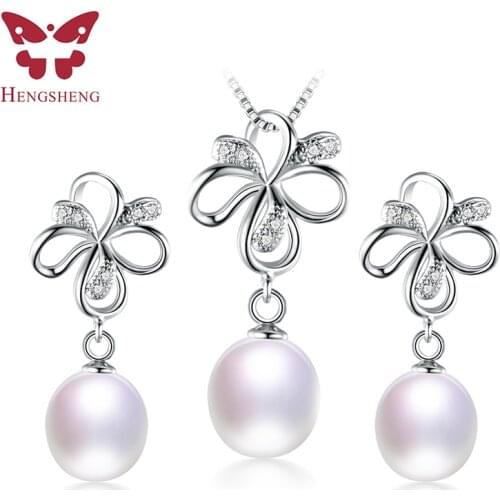 Hengsheng Beautiful Flower Pearl Jewelry Set Women,With 8-10mm High Luster Pearl,White/Pink/Purple/Black Drop Pendant&earrings