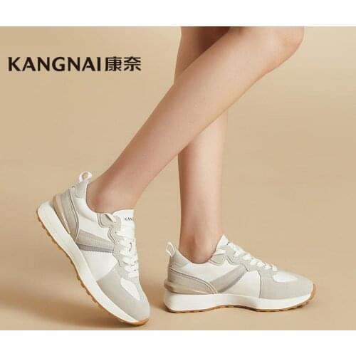 KANGNAI Sneakers Women Cow Leather Patchwork Lace-Up Round Toe Platform Flats Ladies Casual Shoes